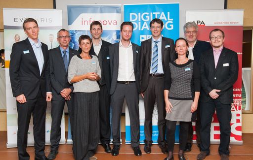 BILD zu OTS - Die Vortragenden, Podiumsteilnehmer
und Initiatoren des 26. Digitaldialogs zum Thema "Industrie 4.0 -
Auf (dem Weg) zur Produktion der Zukunft", v.l.n.r.: Christian
Morawetz (Fraunhofer Austria), Dirk Denker (AVL List), Andrea Denger
(Virtual Vehicle), Hannes Robier (youspie Consulting), Peter Brandl
(evolaris), Christian Kittl (evolaris), Stefanie Lindstaedt
(Know-Center), Gerhard Greiner (Infonova), Patrick Schweighofer
(Campus 02).
