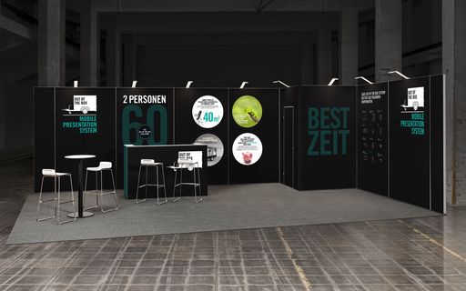  Durch die Modulbauweise kann je nach Anlass und Platzsituation
verschiedene Standgrößen und Grundrisse von 1 - 40 m2 mit nur einem
System realisiert werden.