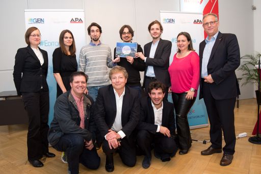  Preisverleihung der Vienna Hackdays im Presseclub
Concordia. Im Bild v.l.n.r.: Christina Elmer, Evangeline De
Bourgoing, Markus Wallisch, Rudolf Titl, Stefan Apfl, Daniela Kraus
(fjum), Alexander Falchetto (APA-IT), Wolfgang Fasching, Bertrand
Pecquerie und Ludovic Blecher.