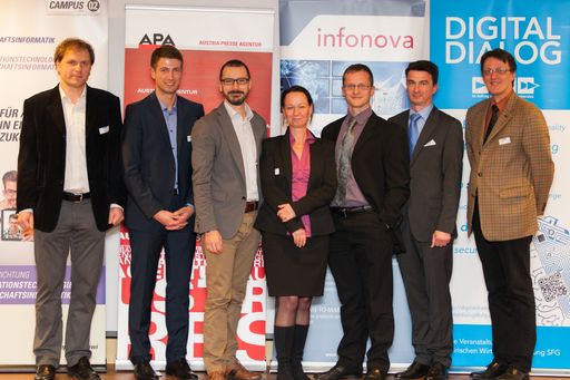 Die Vortragenden, Podiumsteilnehmer und Initiatoren
des 28. Digitaldialogs zum Thema „Wissensmanagement im KMU –
Werkzeuge für Ihren Unternehmenserfolg“, v.l.n.r.: Kurt Wöls
(Siemens AG), Christoph Hechenblaikner (CrossCloud), Manfred Hall
(SFG), Stefanie Lindstaedt (Know-Center), Wolfgang Stiegmaier
(Wild), Andreas Avender (Concept Data Systems), Johann Bachler (AVL
List)