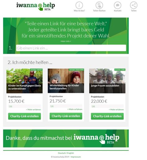 Neues Service von iwanna.help: Linksharing-Programmm für
karitative Zwecke