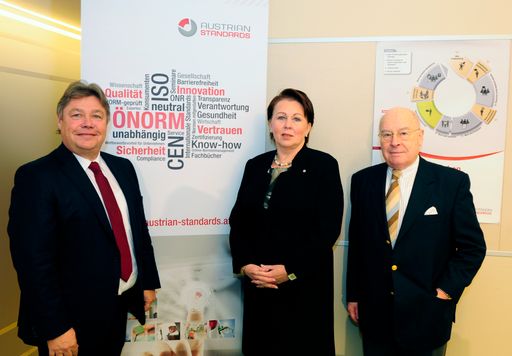  v.l.n.r.: Dipl.-Ing. Harald Plöckinger, Vize-Präsident Austrian
Standards, Mitglied des Vorstands KTM AG, DDr. Elisabeth
Stampfl-Blaha, Direktorin Austrian Standards, Univ.Prof. DDr. Walter
Barfuß, Präsident Austrian Standards