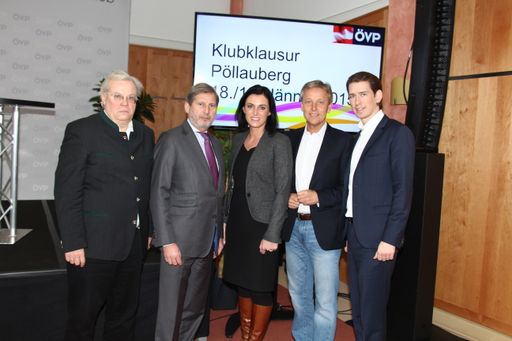 Vorschau Bild von ORF-Journalist Christian Wehrschütz, EU-Kommissar
Johannes Hahn, MEP Elisabeth Köstinger, KO Reinhold Lopatka und BM
Sebastian Kurz bei der ÖVP-Klubklausur in der Steiermark