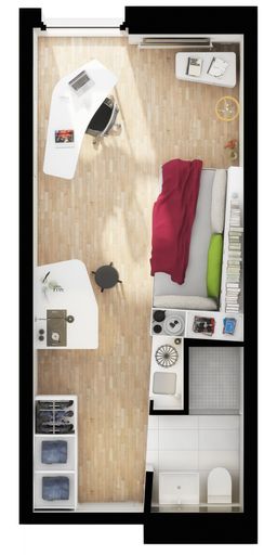 Vorschau Bild von Über 20m2 große Designer-Einzelapartments mit
eigenem Badezimmer und Pantry-Küche.