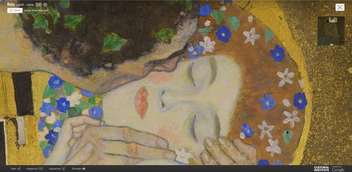 Screenshot mit einem Ausschnitt in Nahaufnahme aus der
Gigapixel-Fotografie "Kuss" von Gustav Kimt
(http://goo.gl/QrocSn): Das weltberühmte Bild von Gustav Klimt 
"Kuss" ist ab sofort nicht mehr nur im Museum Belvedere in Wien zu
bewundern, sondern ist nun auch als Gigapixel-Fotografie im Internet
zu sehen. Dabei kann jedes Detail in sehr hoher Auflösung auf der
"Art Project"-Seite des Google Cultural Institute unter die Lupe
genommen werden.