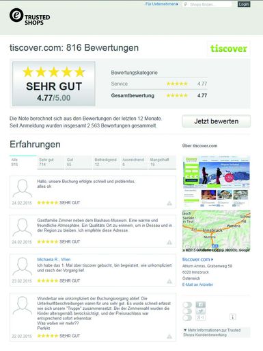  Das unabhängige Bewertungsportal Trusted Shops
attestiert Tiscover für 2014 ein „sehr gut“ in puncto
Kundenzufriedenheit.
