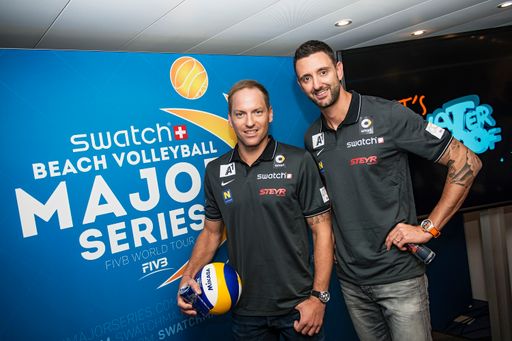  Alex Horst and Clemens Doppler of Austria pose for
a photograph during the launch press conference of the Swatch Beach
Volleyball Major Series in Zuerich, Switzerland on February 26,
2015.