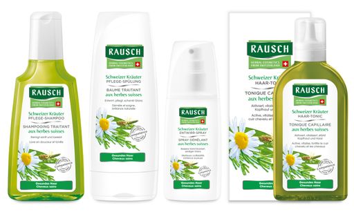 RAUSCH Schweizer Kräuter Haarpflege Linie für
normales Haar: RAUSCH Schweizer Kräuter Pflege Shampoo, RAUSCH
Schweizer Kräuter Pflege Spülung, RAUSCH Schweizer Kräuter Entwirr
Spray, RAUSCH Schweizer Kräuter Haar-Tonic .