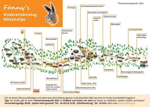 Vorschau Bild von ÖFM Stübing - Plan mit den verschiedenen Stationen
der Rätselrallye beim Kindererlebnistag im Österreichischen
Freilichtmuseum Stübing