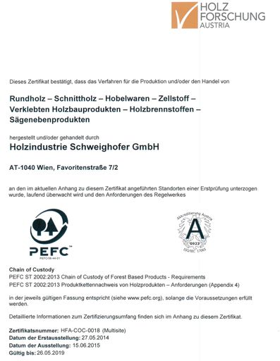 PEFC-Zertifikat für Holzindustrie Schweighofer