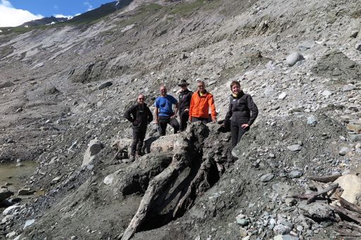 Peter Rupitsch (Direktor Nationalpark Hohe Tauern Kärnten),
Andreas Kellerer (Uni Graz), Konrad Mariacher (Nationalpark Ranger),
Josef Rieger (Grossglockner Gletscherbahn) und Katharina Aichhorn
(Nationalpark Hohe Tauern Kärnten) kurz vor der Bergung des
sensationellen Fundstücks (v.l.n.r).