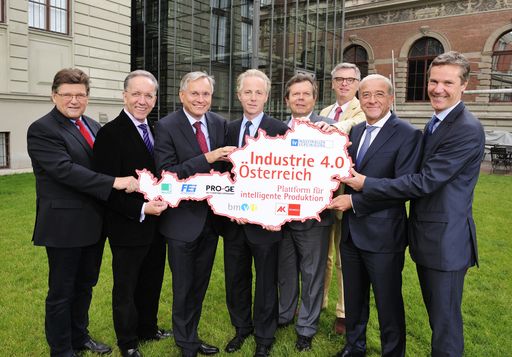 Technologieminister Stöger, IV-Präsident Kapsch,
AK-Präsident Kaske, PRO-GE-Vorsitzender Wimmer, FEEI-Obfrau Ederer
und FMMI-Obmann Knill gründen Verein für Industrie 4.0.
