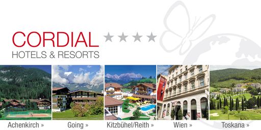 Die fünf exklusiven CORDIAL Vier Sterne Hotels befinden sich an
Top Standorten in Achenkirch, Going, Reith bei Kitzbühel, Wien und
in der Toskana.