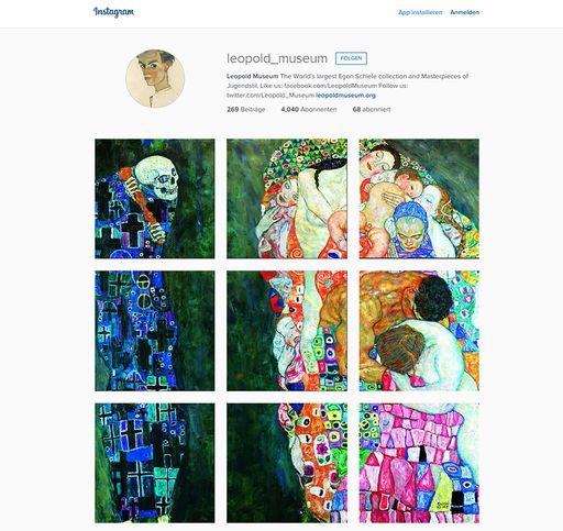 Screenshot Instagram Kanal Leopold Museum. Motiv:
Gustav Klimt (1862-1918), Tod und Leben, 1910/11, umgearbeitet
1915/16, Leopold Museum, Wien