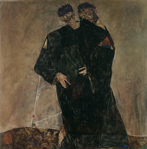 Vorschau Bild von Die Eremiten. Gemälde von Egon Schiele. Öl auf
Leinwand. 1912. Die Gesichter tragen die Züge von Schiele (links im
Bild) und die seines Mentors Gustav Klimt (rechts).Glasplatte Schutz
203,8 x 189,7 x 6 cm. Inventarnr. 466. K P229. L 203. Tafel 92. ©
IMAGNO/Leopold Museum Vienna