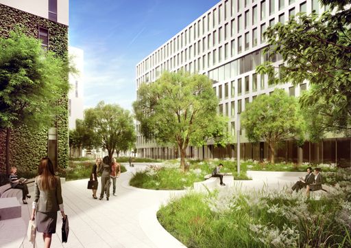 Vorschau Bild von Perfekte Infrastruktur in Kombination mit einem
einladenden "Grünen Wohnzimmer" macht die höchst flexiblen
Bürogebäude DENK DREI zum idealen Standort für internationale
Top-Unternehmen.