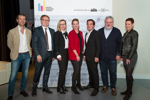 Vorschau Bild von VIP-Event der Plattform "Digital Business Trends"
im ORF-Zentrum. Im Bild v.l.n.r.: Oliver Krizek (NAVAX
Unternehmensgruppe und DBT-Premiumpartner), Fritz Dittlbacher (ORF),
Barbara Haas (WIENERIN), Julia Schnizlein (Moderation, Verlagsgruppe
NEWS), Rainer Nowak (Die Presse), Johannes Bruckenberger (APA) und
Andrea Hansal (ING-DiBa und DBT-Premiumpartner).