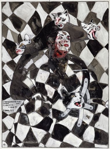 Vorschau Bild von Peter Sengl, geb. 1945, lebt und arbeitet in Wien
KATZVERBESSERTE-KARO-HUTTERZ | 2011 Mischtechnik auf Papier ,| 62,3
× 46,2 cm Im Besitz des Künstlers