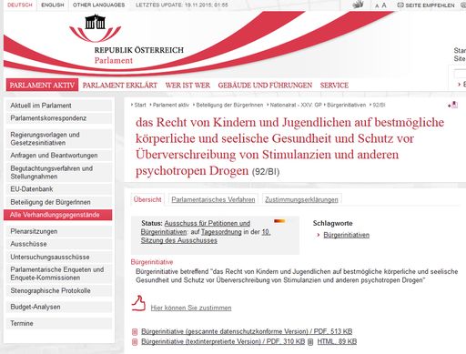 Vorschau Bild von Bürgerinitiative: das Recht von Kindern und
Jugendlichen auf bestmögliche körperliche und seelische Gesundheit
und Schutz vor Überverschreibung von Stimulanzien und anderen
psychotropen Drogen (92/BI) Link:
http://www.ots.at/redirect/parlament.gv.at4