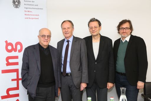 http://www.apa-fotoservice.at/galerie/7467 Im Bild
vlnr: Dr. Hannes Pflaum (Pflaum Karlberger Wiener Opetnik
Rechtsanwälte), DI Andreas Gobiet (Präsident des VZI – Verband der
Ziviltechniker- und Ingenieurbetriebe), DI Peter Bauer (Präsident
der Kammer der Architekten und Ingenieurkonsulenten für Wien,
Niederösterreich und Burgenland), Arch. DI Bernhard Sommer
(Vizepräsident der Kammer der Architekten und Ingenieurkonsulenten
für Wien, Niederösterreich und Burgenland)