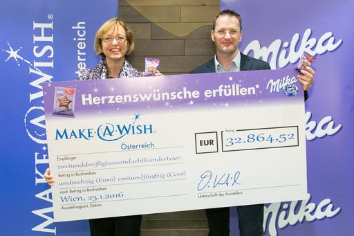 http://www.apa-fotoservice.at/galerie/7480/ Im Bild
v.l.n.r.: Doris Regele (Präsidentin Make-A-Wish Foundation®
Österreich), Andreas Kutil (Managing Director Mondelez Österreich,
Schweiz und Ungarn)