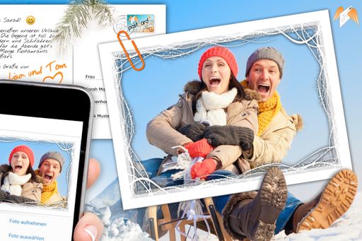  Mit PostcardPlus App Fotos als Postkarten direkt
von der Schipiste verschicken.