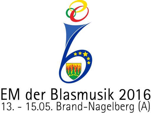  Das EM Logo 2016 beinhaltet alle wesentlichen Elemente:
Gemeindewappen, die 4 mithelfenden Vereine mit den Sternen, das B
für Brand und Blasmusik sowie Notenköpfe in olympischen Farben.