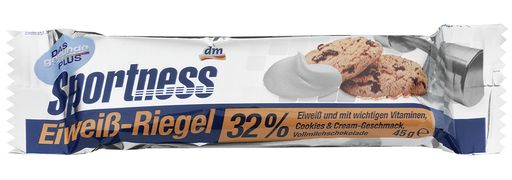 DAS gesunde PLUS Sportness Eiweißriegel 32% Cookies
& Cream-Geschmack 45 g.