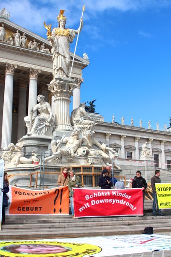 Vorschau Bild von Demo gegen Diskriminierung von Downsyndromkindern vor dem
Parlament