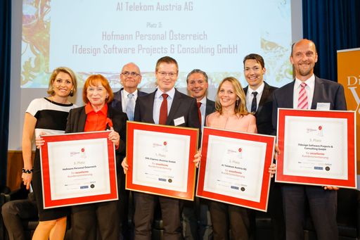 Vorschau Bild von Die Top 3 Preisträger: Hofmann Personal und
ITdesign Software Projects & Consulting GmbH ex aequo auf Platz 3,
A1 Telekom Austria AG auf Platz 2 und DHL Express (Austria) GmbH auf
Platz 1.