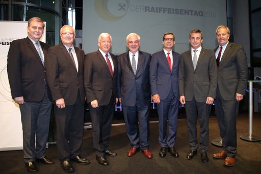 ÖRV-Generalanwalt Dr. Walter Rothensteiner (Bild
Mitte) mit Dr. Rudolf Binder, Direktor des Raiffeisenverbandes OÖ,
Genossenschaftsanwalt ÖR Ing. Franz Reisecker, Vorstand des
Raiffeisenverbandes OÖ, ÖR Jakob Auer, Generalanwalt-Stv. des ÖRV,
ÖRV-Generalsekretär Dr. Andreas Pangl, Dr. Heinrich Schaller,
Generaldirektor der Raiffeisenlandesbank OÖ, und Ing. Wilfried
Thoma, Generalanwalt-Stv. des ÖRV (v.l.n.r.).