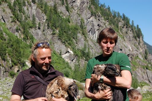 LHStv. Astrid Rössler und Bartgeierbetreuer Michael Knollseisen
mit den jungen Bartgeiern Lucky und Charlie.