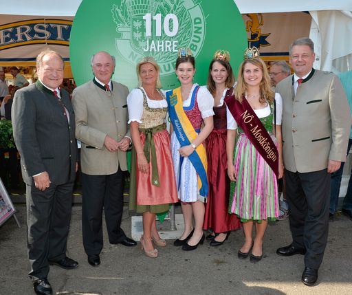 Vorschau Bild von NÖ Buaernbundobmann Hermann Schultes, LH Erwin Pröll,
Bauernbunddirektorin Klaudia Tanner und BM Andrä Rupprechter (r.)
mit Produkthoheiten beim 110 Jahr-Jubiläum