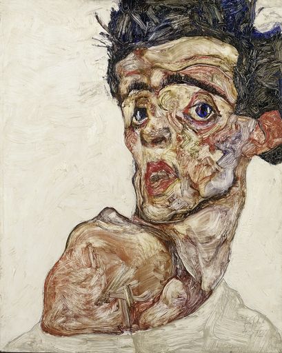 Egon Schiele, Selbstbildnis mit hochgezogener
nackter Schulter, 1912, Öl auf Holz, 42,2 x 33,9 cm, Leopold Museum,
Wien, Inv. 653