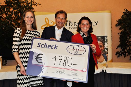 Feierliche Übergabe des Tombola-Erlöses (v.l.n.r.): Nina
Passegger (Verein Lyoness Child & Family Foundation), CDW-Präsident
KommR. Josef Vuzem und Silvia Kelemen Weihs (Lyoness)