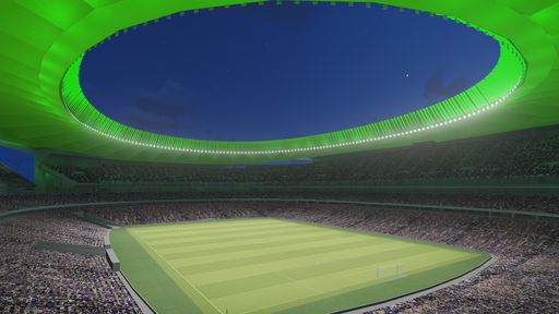 Vorschau Bild von Am spektakulär geschwungenen Arena-Dach ermöglichen
Philips VayaFlood LED-Strahler schnell und stufenlos variierbare
Lichtstimmung in 16 Millionen Farben.
