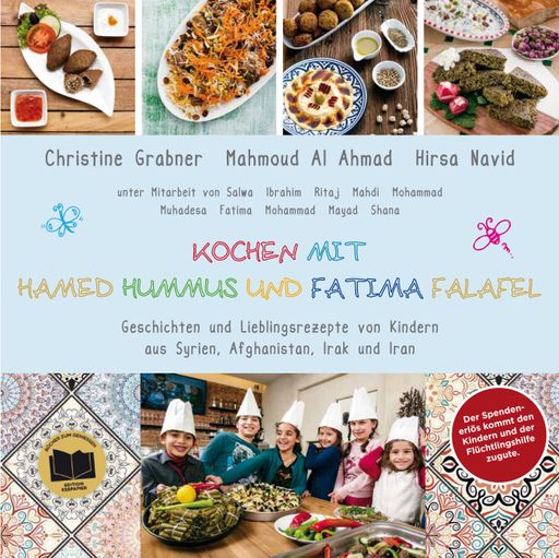  "Kochen mit Hamed Hummus und Fatima Falafel". Cover
des neu erschienenen orientalischen Kinder-Koch-und-Lesebuchs.
