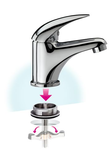  Der revolutionäre Klapphaken für Armaturbefestigung
von oben. WOGRO Armaturen werden mit der TOP-FIX-Basis in kürzester
Zeit sicher von oben befestigt.
