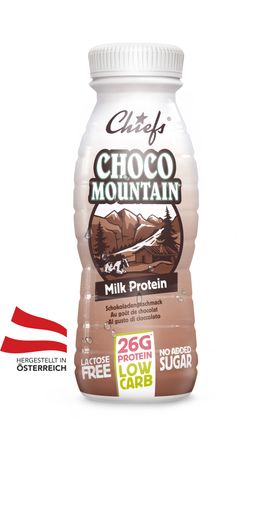 Vorschau Bild von Zwischen 23 und 26 Gramm hochwertige Milch- und
Molkeproteine stecken in einer 330ml Flasche. Die Sorte Choco
Mountain bietet leckeren Schokoladegeschmack, ohne zugesetzten
Zucker.