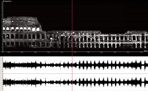 Vorschau Bild von "FassadenScans Rom“, 2015 Sonifikation, Video-Projektion mit
Sound Colosseo, 2015, Still aus der Animation mit Soundspur, Ulla
Rauter Palazzo della Civilta Italiana, 2015, Still aus der Animation
mit Soundspur, Ulla Rauter