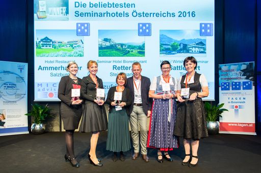 https://www.apa-fotoservice.at/galerie/8422 Die
beliebtesten Seminarhotels Österreichs – im Bild v.l.n.r. Sandra
Paller und Ulrike Retter (Seminar Hotel Biorestaurant Retter, Platz
1 in der Steiermark und österreichweit), Maria Ammerhauser und
Raimund Schörghofer (Hotel Restaurant Ammerhauser, Platz 1 in
Salzburg und österreichweit), Birgit Astner und Beate Astner-Prem
(Hotel/ Wirtshaus/ Seminar Sattlerwirt, Platz 1 in Tirol und
österreichweit)