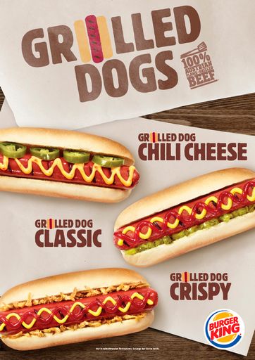 Angeboten werden die neuen Grilled Dogs in 3
Geschmacksrichtungen: CLASSIC mit Ketchup, Senf und Gurken-Relish -
CHILI CHEESE mit Chili Cheese Sauce und Jalapenos - CRISPY mit
Ketchup, Senf und Röstzwiebeln