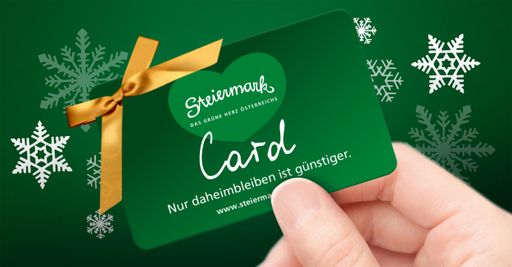 Die Steiermark-Card ist rechtzeitig vor
Weihnachten im stilvollen Geschenkkarton erhältlich – das ideale
Präsent für alle Genießer der Vorzüge der grünen Mark! Infos auf
www.steiermark-card.net