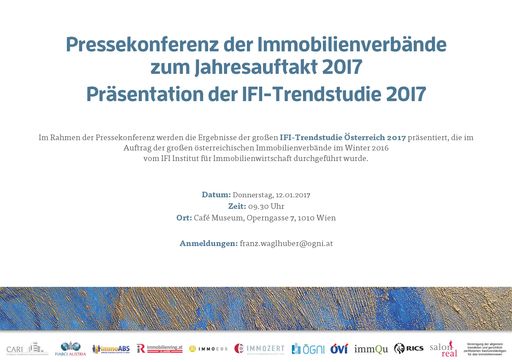 Im Rahmen der Pressekonferenz werden die Ergebnisse
der großen IFI-Trendstudie Österreich 2017 präsentiert, die im
Auftrag der großen österreichischen Immobilienverbände im Winter
2016 vom IFI Institut für Immobilienwirtschaft erstmals durchgeführt
wurde.
