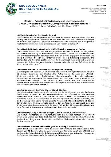 Vorschau Bild von Zitate - Feierliche Unterfertigung und Überreichung des UNESCO-Welterbe-Dossiers "Großglockner Hochalpenstraße" in Paris, Österr. Botschaft am 18. Jänner 2017.