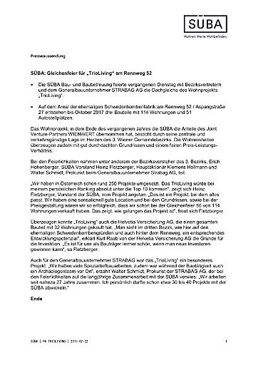 Vorschau Bild von Presseaussendung zur Gleichenfeier der Firma Süba zum Projekt "TrioLiving" am 21.02.2017