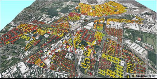 Oben: 3D-Visualisierung des berechneten jährlichen
flächenspezifischen (Gesamtprimär)energiebedarfs für alle
Wohngebäude in Meidling. Die Farben entsprechen den vorgesehenen
Energie-Klassen.