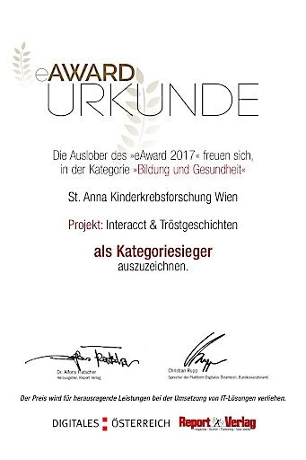 Vorschau Bild von Urkunde eAward 2017, einen der größten IT-Wirtschaftspreise in Österreich für die St. Anna Kinderkrebsforschung