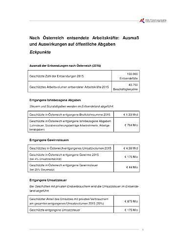 Vorschau Bild von Fact Sheet: Nach Österreich entsendete Arbeitskräfte: Ausmaß und Auswirkungen auf öffentliche Abgaben
