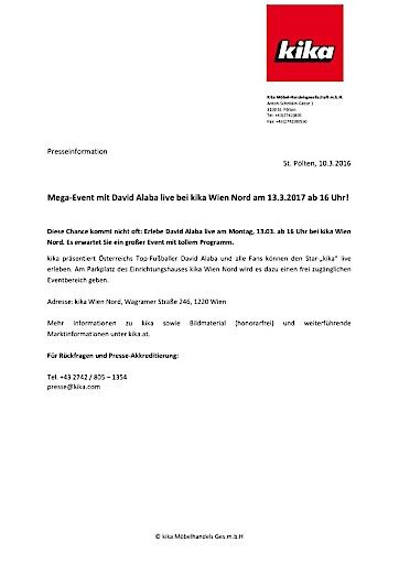 Mega-Event mit David Alaba live bei kika Wien Nord am 13.3.2017 ab 16 Uhr!